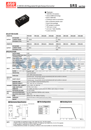 SRS-0505 datasheet - 0.5W DC-DC Regulated Single Output Converter