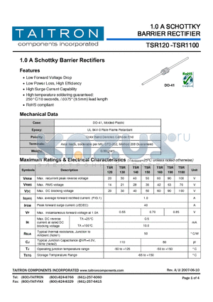 TSR190 datasheet - 1.0 A SCHOTTKY BARRIER RECTIFIER