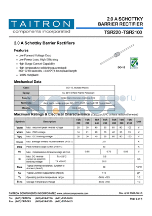 TSR2100 datasheet - 2.0 A SCHOTTKY BARRIER RECTIFIER