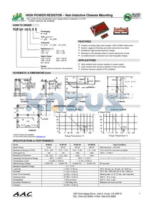 RCM100-102JNB datasheet - HIGH POWER RESISTOR - Non Inductive Chassis Mounting
