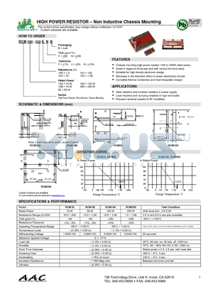 RCM100-102KYB datasheet - HIGH POWER RESISTOR - Non Inductive Chassis Mounting