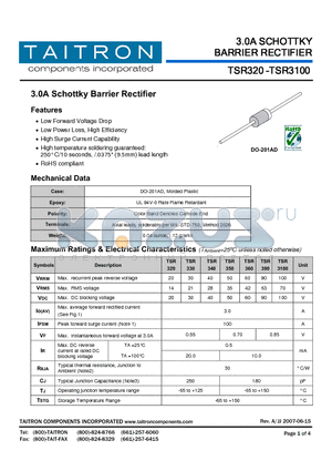 TSR350 datasheet - 3.0A SCHOTTKY BARRIER RECTIFIER