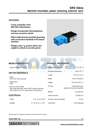 SRS113PV12M datasheet - Manifold mountable plastic switching solenoid valve