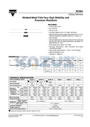 RCMA datasheet - Molded Metal Film Very High Stability and Precision Resistors