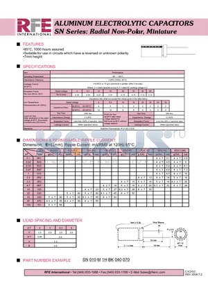SN010M1HBK040070 datasheet - ALUMINUM ELECTROLYTIC CAPACITORS SN Series: Radial Non-Polar, Miniature