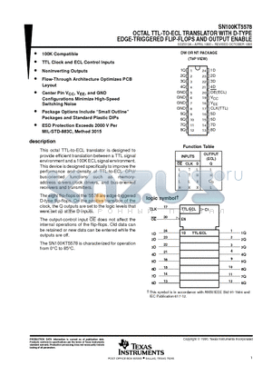 SN100KT5578 datasheet - OCTAL TTL-TO-ECL TRANSLATOR WITH D-TYPE EDGE-TRIGGERED FLIP-FLOPS AND OUTPUT ENABLE