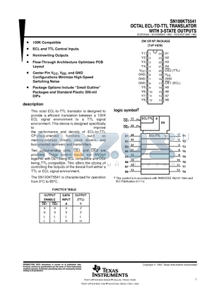 SN100KT5541 datasheet - OCTAL ECL-TO-TTL TRANSLATOR WITH 3-STATE OUTPUTS