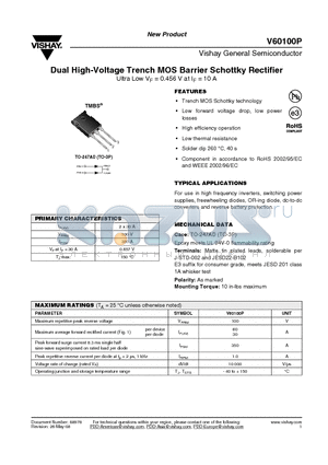 V60100P-E3/45 datasheet - Dual High-Voltage Trench MOS Barrier Schottky Rectifier Ultra Low VF = 0.456 V at IF = 10 A