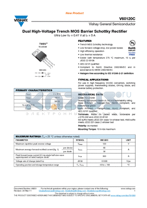 V60120CHM3-4W datasheet - Dual High-Voltage Trench MOS Barrier Schottky Rectifier