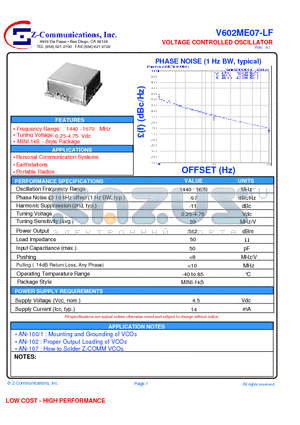V602ME07-LF datasheet - VOLTAGE CONTROLLED OSCILLATOR