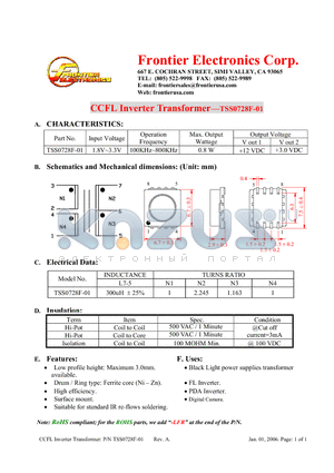 TSS0728F-01 datasheet - CCFL Inverter Transformer