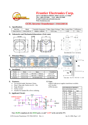 TSS1230F datasheet - CCFL Inverter Transformer