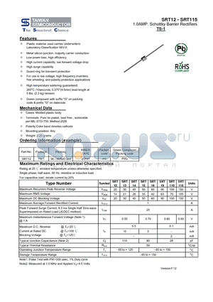 SRT115 datasheet - 1.0AMP. Schottky Barrier Rectifiers Low power loss, high efficiency