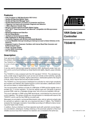 TSS461E datasheet - VAN Data Link Controller