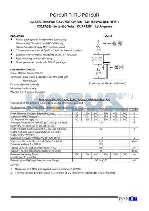 PG150R datasheet - GLASS PASSIVATED JUNCTION FAST SWITCHING RECTIFIER(VOLTAGE - 50 to 800 Volts CURRENT - 1.5 Amperes)