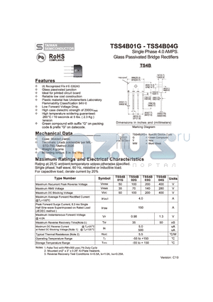 TSS4B01G datasheet - Single Phase 4.0 AMPS. Glass Passivated Bridge Rectifiers