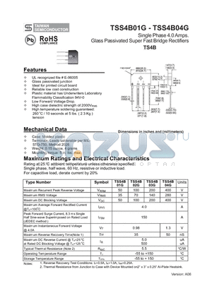 TSS4B02G datasheet - Single Phase 4.0 Amps. Glass Passivated Super Fast Bridge Rectifiers