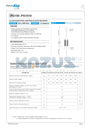 PG156 datasheet - GLASS PASSIVATED JUNCTION PLASTIC RECTIFIER