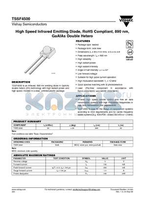 TSSF4500 datasheet - High Speed Infrared Emitting Diode, RoHS Compliant, 890 nm, GaAlAs Double Hetero
