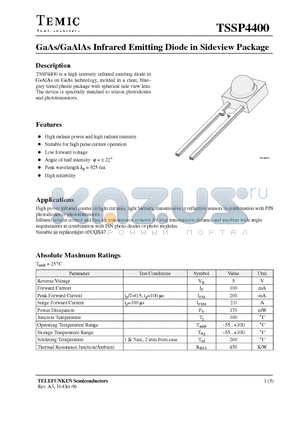 TSSP4400 datasheet - GaAs/GaAlAs Infrared Emitting Diode in Sideview Package