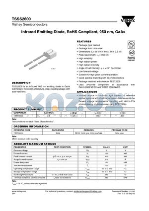 TSSS2600 datasheet - Infrared Emitting Diode, RoHS Compliant, 950 nm, GaAs