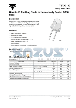 TSTA7100 datasheet - GaAlAs IR Emitting Diode in Hermetically Sealed TO18 Case