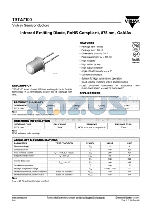 TSTA7100 datasheet - Infrared Emitting Diode, RoHS Compliant, 875 nm, GaAlAs