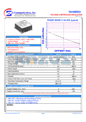 V618ME01 datasheet - LOW COST - HIGH PERFORMANCE VOLTAGE CONTROLLED OSCILLATOR