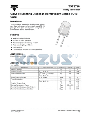 TSTS7103 datasheet - GaAs IR Emitting Diodes in Hermetically Sealed TO18 Case