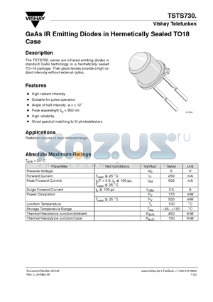 TSTS7302 datasheet - GaAs IR Emitting Diodes in Hermetically Sealed TO18 Case