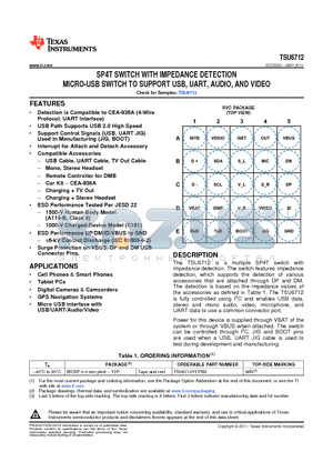 TSU6712 datasheet - SP4T SWITCH WITH IMPEDANCE DETECTION MICRO-USB SWITCH TO SUPPORT USB, UART, AUDIO, AND VIDEO