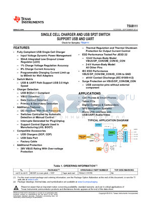 TSU8111 datasheet - SINGLE CELL CHARGER AND USB SP2T SWITCH SUPPORT USB AND UART