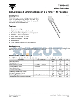 TSUS4400 datasheet - GaAs Infrared Emitting Diode in ^3 mm (T-1) Package