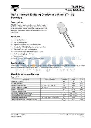 TSUS5401 datasheet - GaAs Infrared Emitting Diodes in 5 mm (T-13/4)Package