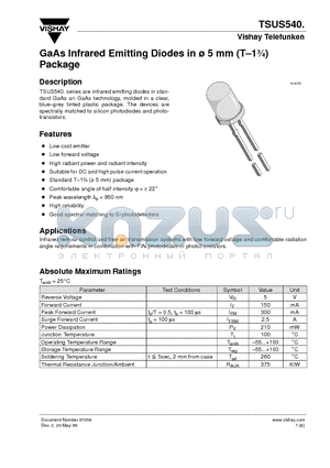 TSUS5400 datasheet - GaAs Infrared Emitting Diodes in 5 mm Package