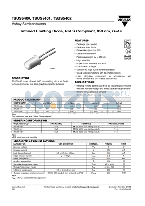 TSUS5402 datasheet - Infrared Emitting Diode, RoHS Compliant, 950 nm, GaAs