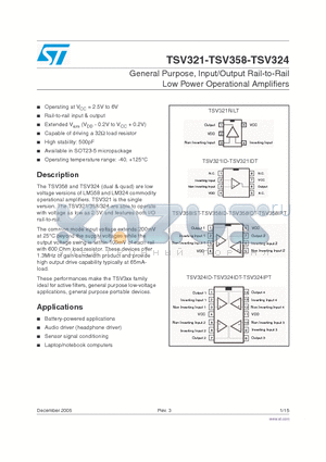 TSV321 datasheet - General Purpose, Input/Output Rail-to-Rail Low Power Operational Amplifiers
