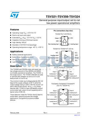TSV321 datasheet - General purpose input/output rail-to-rail low power operational amplifiers