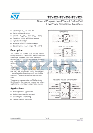 TSV321IDT datasheet - General Purpose, Input/Output Rail-to-Rail Low Power Operational Amplifiers