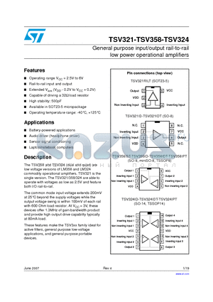 TSV321RAILT datasheet - General purpose input/output rail-to-rail low power operational amplifiers