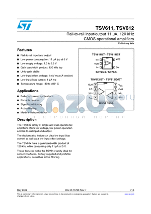 TSV611AICT datasheet - Rail-to-rail input/output 11 lA, 120 kHz CMOS operational amplifiers