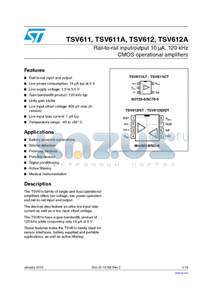 TSV612AID/DT datasheet - Rail-to-rail input/output 10 lA, 120 kHz CMOS operational amplifiers