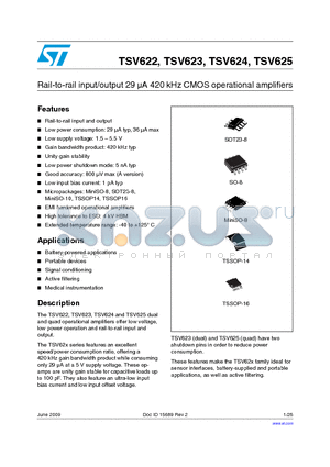 TSV622ID/DT datasheet - Rail-to-rail input/output 29 lA 420 kHz CMOS operational amplifiers