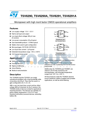 TSV6290AILT datasheet - Micropower with high merit factor CMOS operational amplifiers
