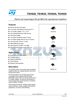 TSV632ILT datasheet - Rail-to-rail input/output 60 lA 880 kHz operational amplifiers