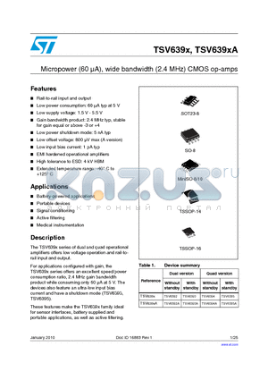 TSV6395A datasheet - MIcropower (60 lA), wide bandwidth (2.4 MHz) CMOS op-amps