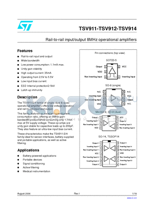 TSV911 datasheet - Rail-to-rail input/output 8MHz operational amplifiers