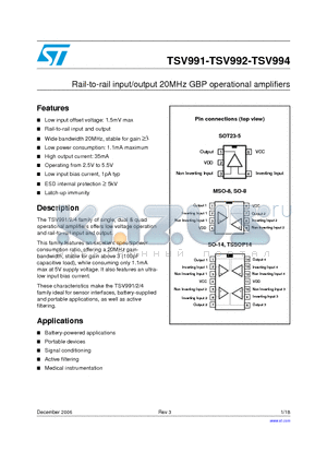 TSV991 datasheet - Rail-to-rail input/output 20MHz GBP operational amplifiers