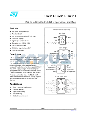 TSV914IPT datasheet - Rail-to-rail input/output 8MHz operational amplifiers