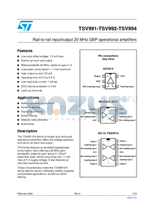 TSV991ILT datasheet - Rail-to-rail input/output 20 MHz GBP operational amplifiers